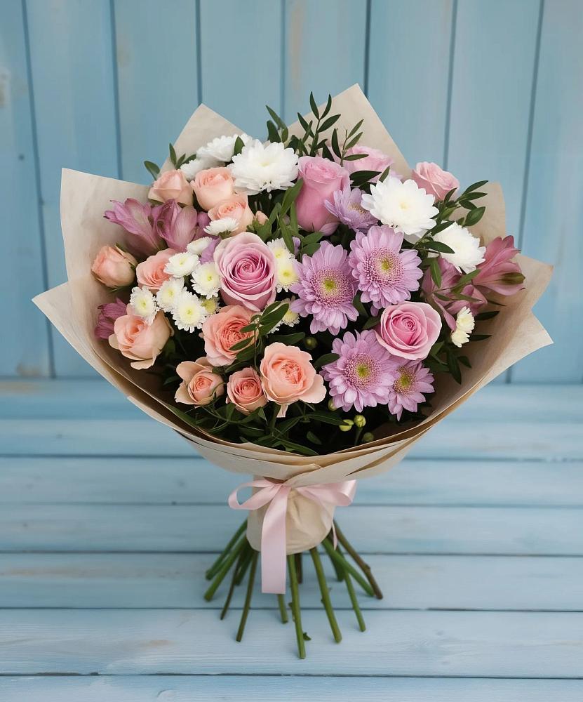 Букет цветов из: Хризантемы, Розы и Альстромерии в Казьминском