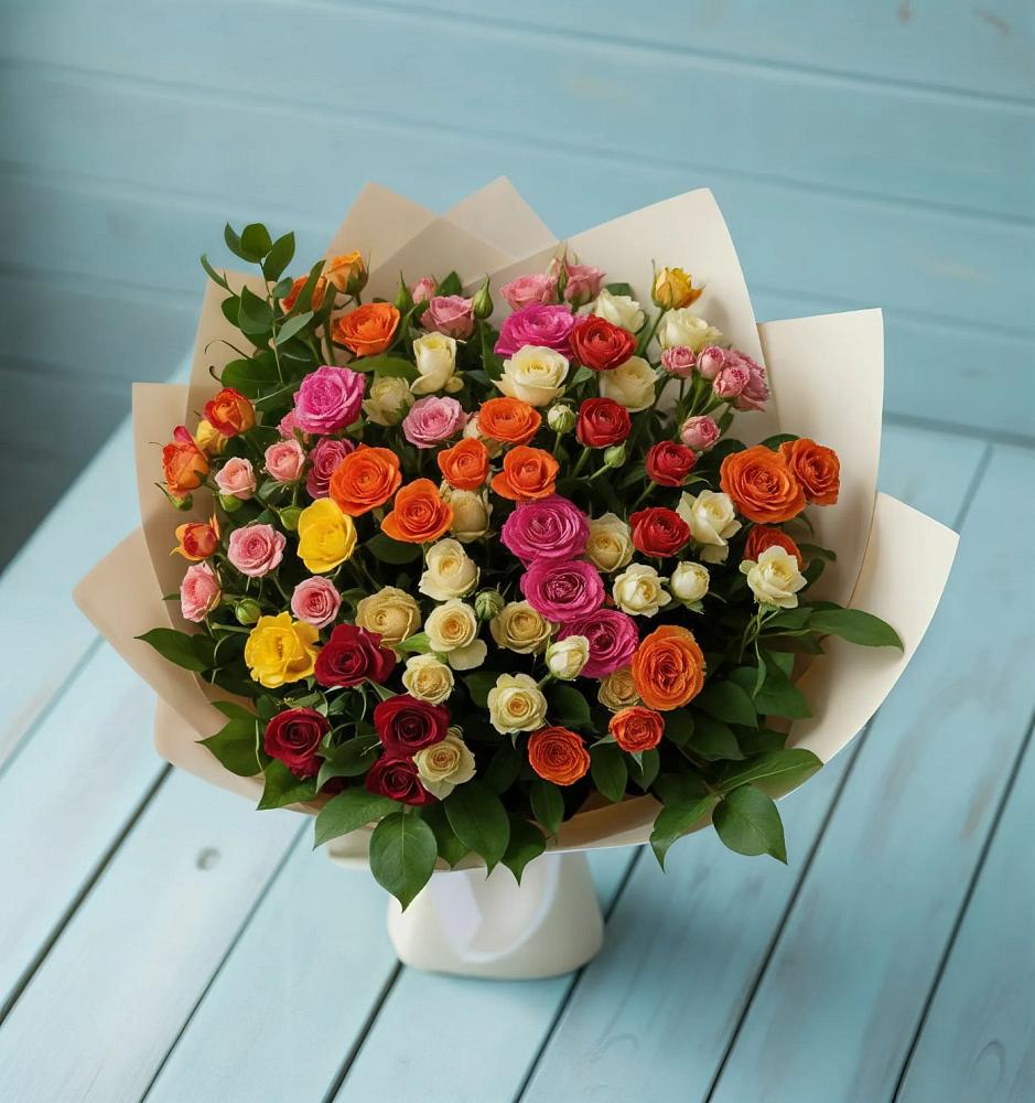 Букет Микс из разноцветных кустовых роз в Казьминском